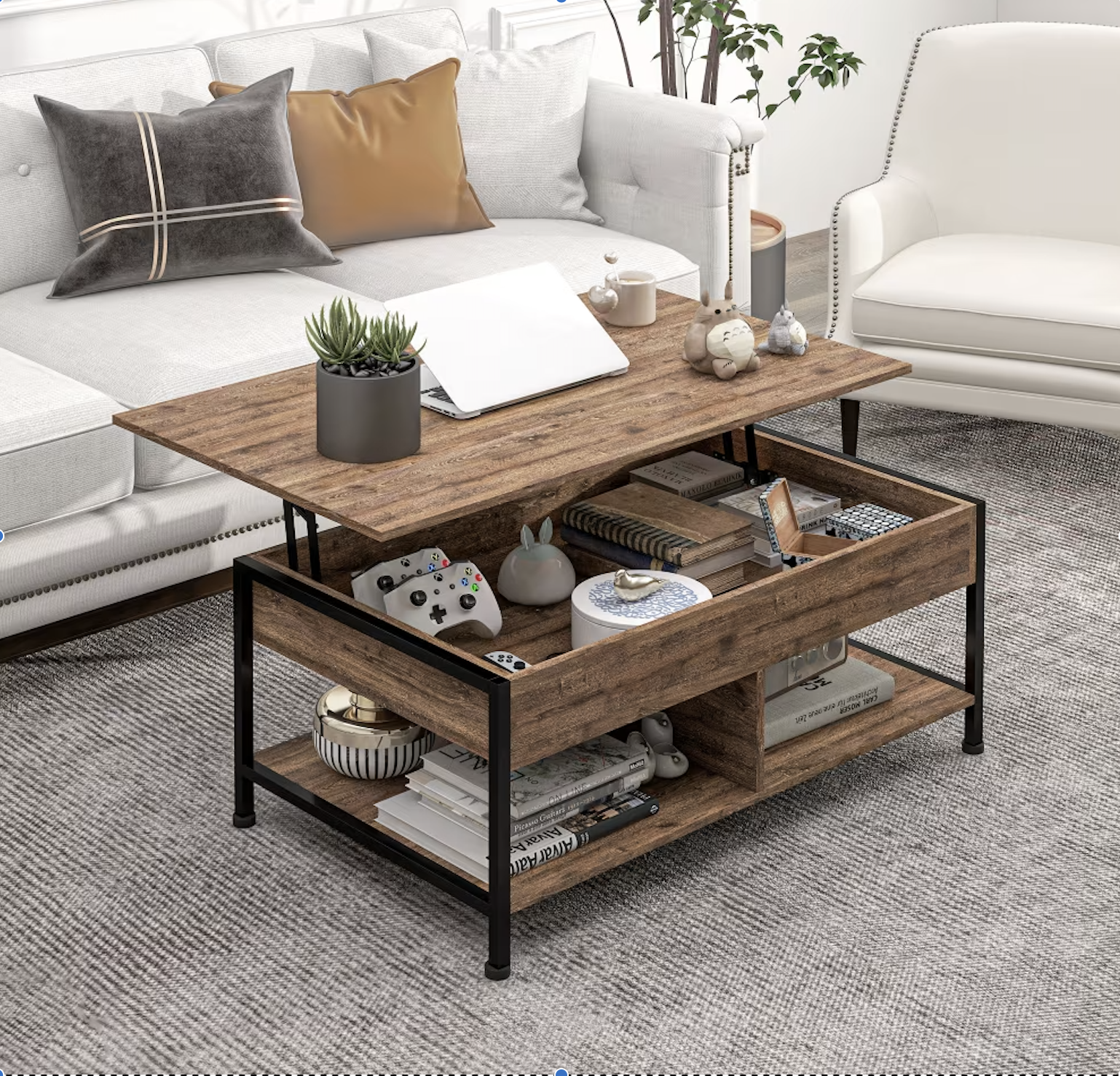 Table basse relevable - étagère, coffre - aspect bois rustique noir