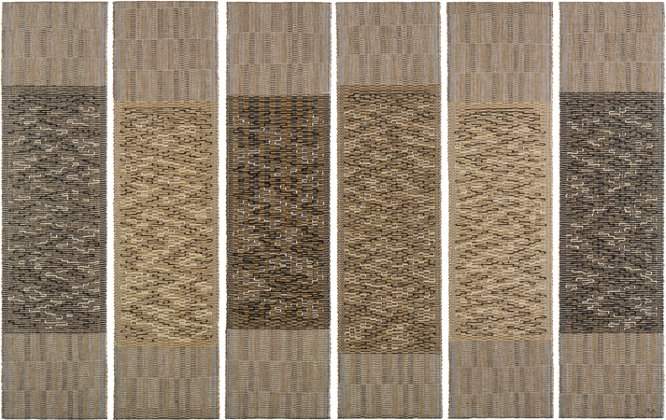 Anni Albers, Six Prayers, 1966–67, cotton, lin, lurex argenté, 186 × 48.9 cm pour chaque panneau, Jewish Museum, New York.