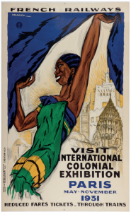 Chemins de fer français. Visitez l’exposition coloniale internationale [Paris], affiche inspirée par Joséphine Baker et signée Dransy, éditée par Vercasson, 1931.
