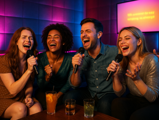 Groupe d'amis chantant dans un Karaoke Box à Paris dans une ambiance festive et colorée