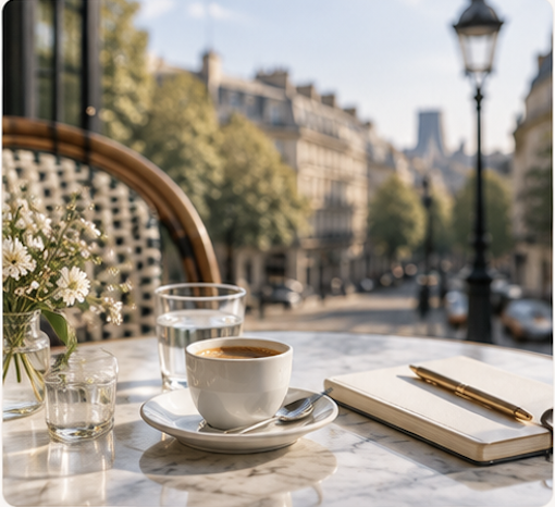 Café du matin à Paris avec espresso et carnet