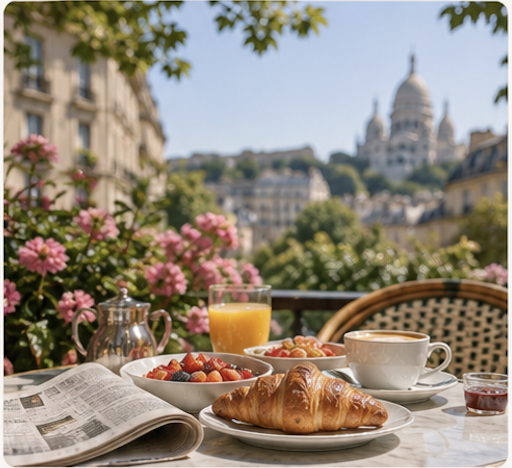Brunch parisien en terrasse avec croissant et journal
