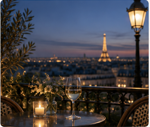 Terrasse parisienne au crépuscule avec lumières de la ville