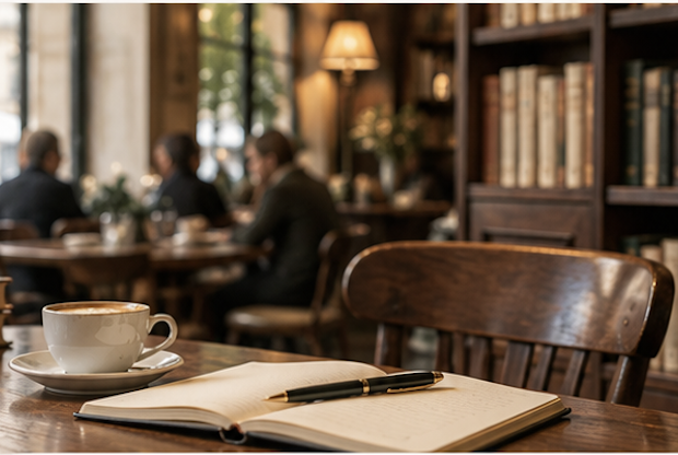 Café littéraire parisien avec livres, café et carnet