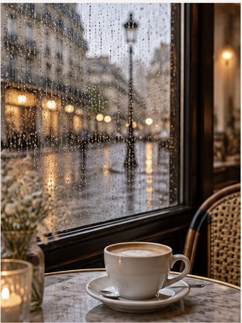 Café parisien chaleureux derrière une vitre sous la pluie
