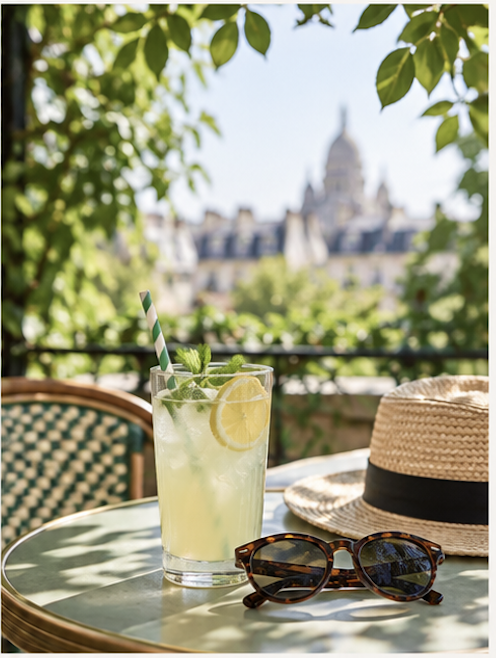 Terrasse parisienne ombragée avec citronnade et lunettes de soleil