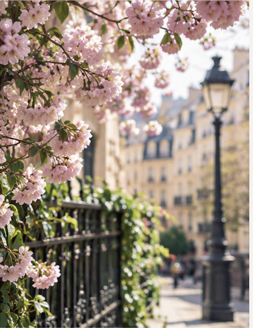 Rue parisienne fleurie au printemps
