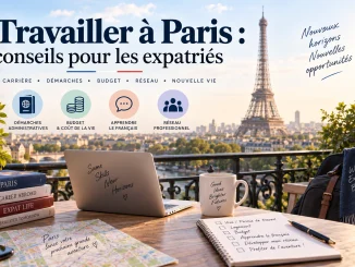 Expatrié travaillant à Paris avec ordinateur face à la tour Eiffel