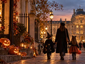 Halloween en famille à Paris : parent et enfants déguisés dans une rue parisienne illuminée aux couleurs de l'automne