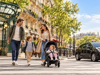 Famille avec deux enfants, dont un en poussette, traversant un passage piéton à Paris près d’une entrée de métro, avec un taxi et la tour Eiffel en arrière-plan.